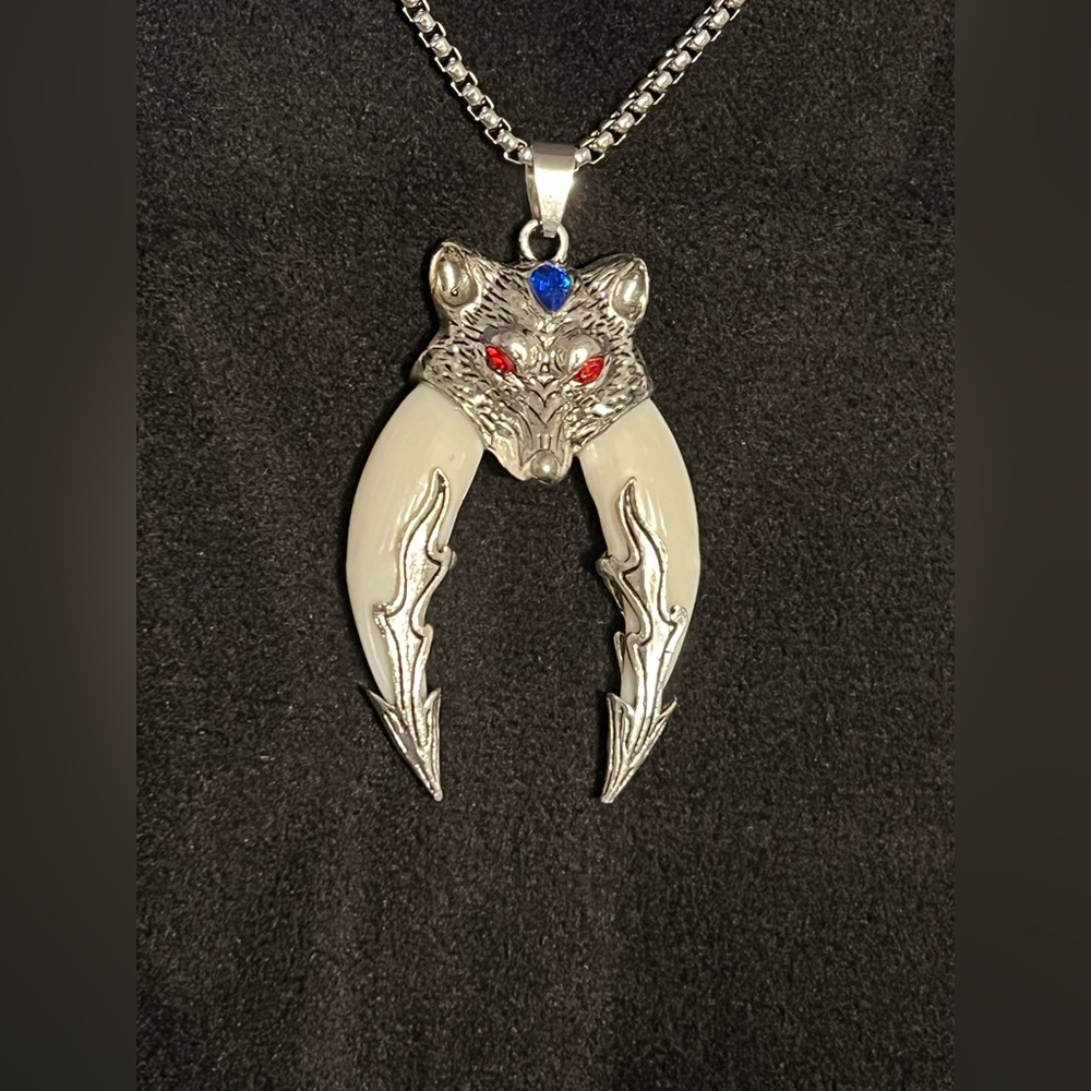 Silver toned Wolf Fang Pendant 28” Necklace with White Inlay
